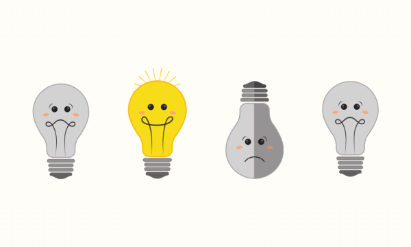 jeevan-mein-sakaratmakh-soch-ka-mahatv Four lightbulbs, with three appearing dim and unhappy while one shines brightly with happiness